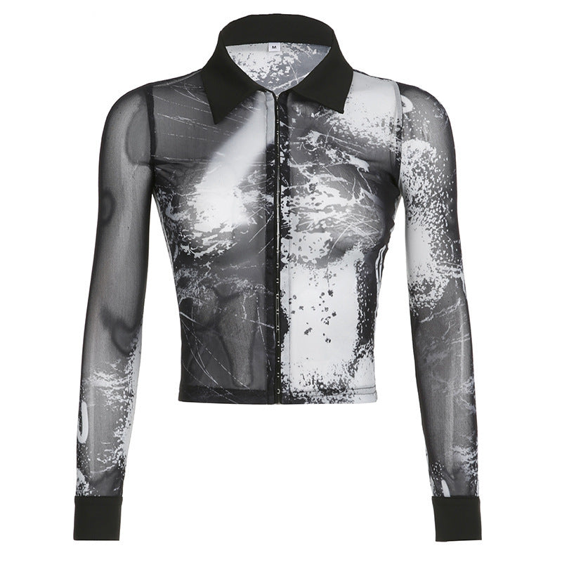 ABSTRACT PRINTED MESH SHIRT