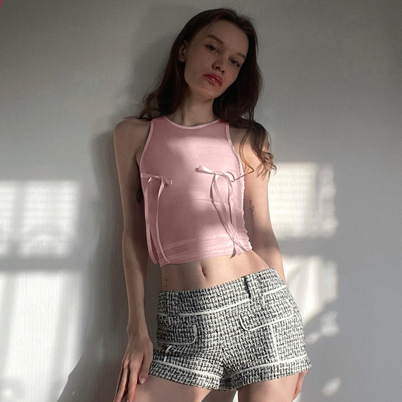 PINK BOW MESH CROP TOP
