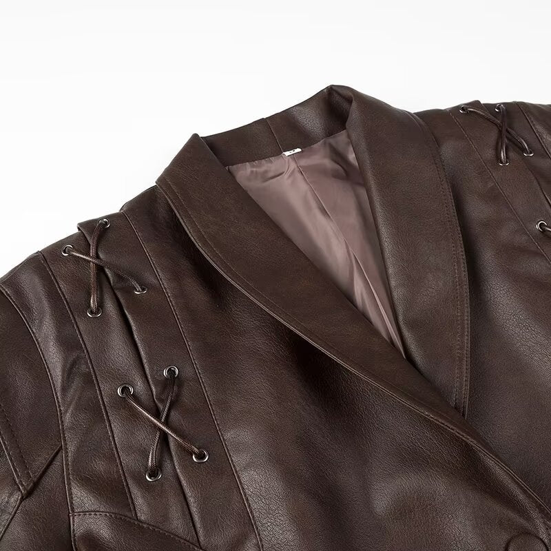 BROWN BELTED FAUX LEATHER JACKET