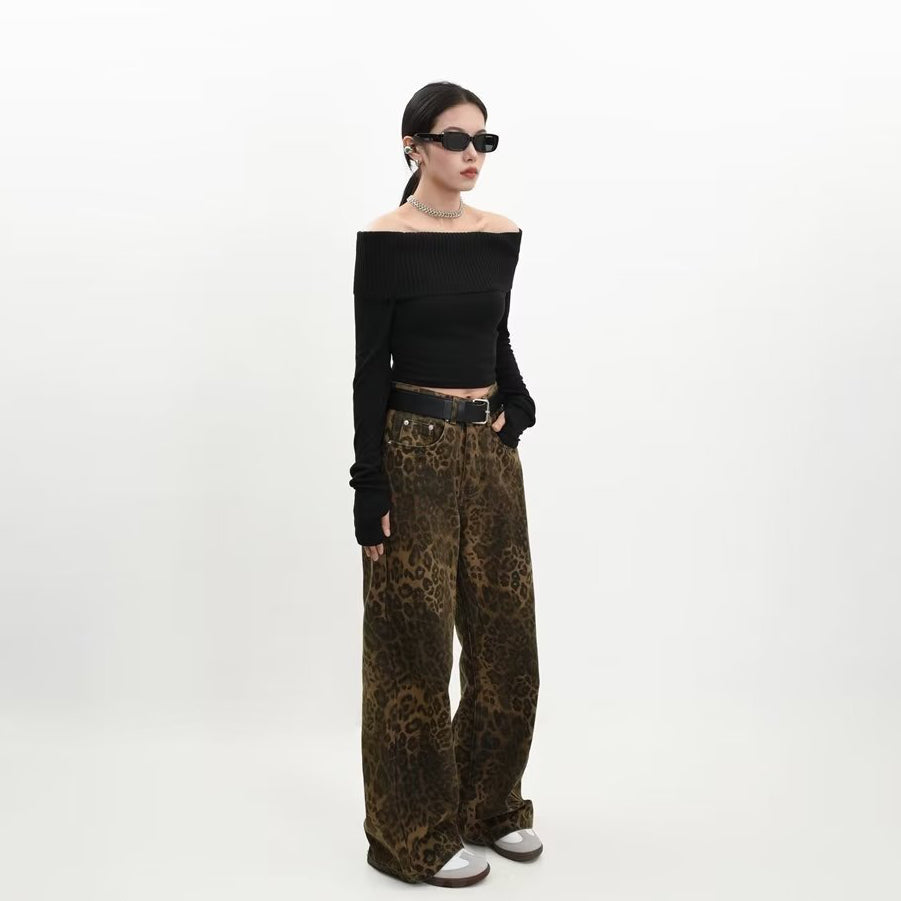 DARK BROWN LEOPARD PRINT WIDE-LEG JEANS