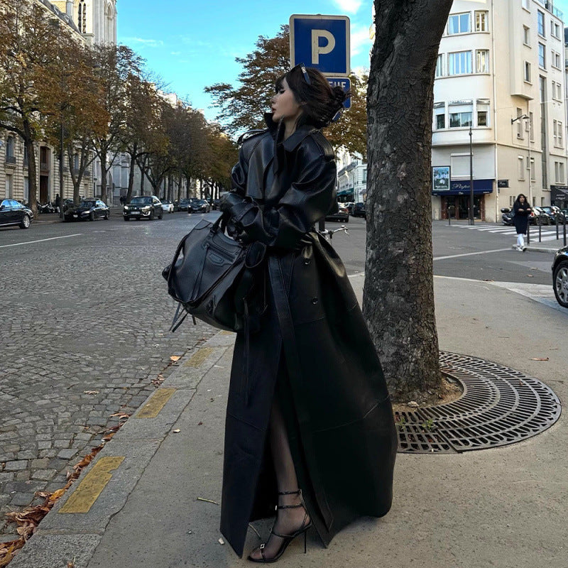BLACK FAUX LEATHER TRENCH COAT