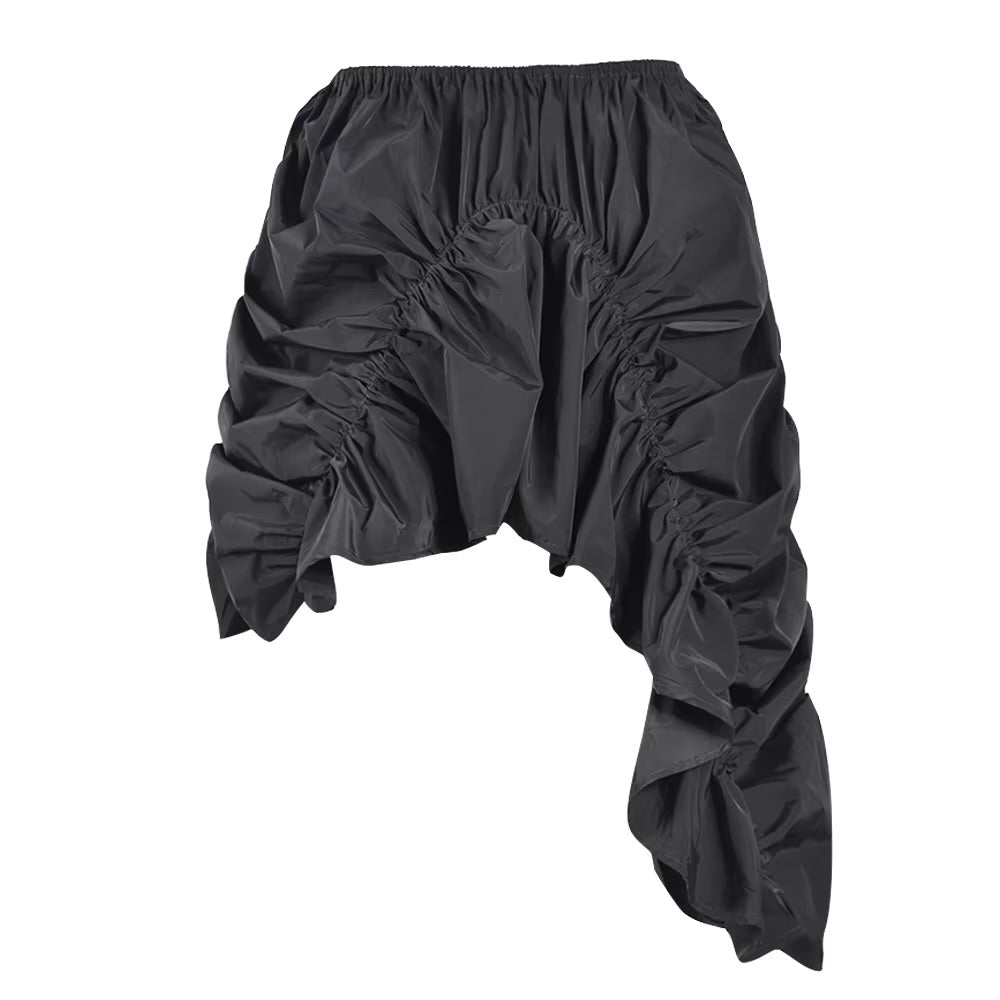 BLACK GATHERED RUSHED ASYMMETRICAL MINI SKIRT