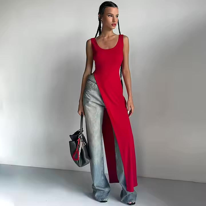 RED SPLIT SHOULDER STRAP TOP