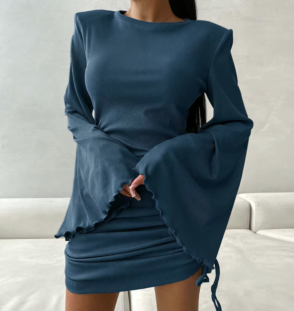 BLUE FLARED SLEEVE DRESS WITH SIDE RUCHING