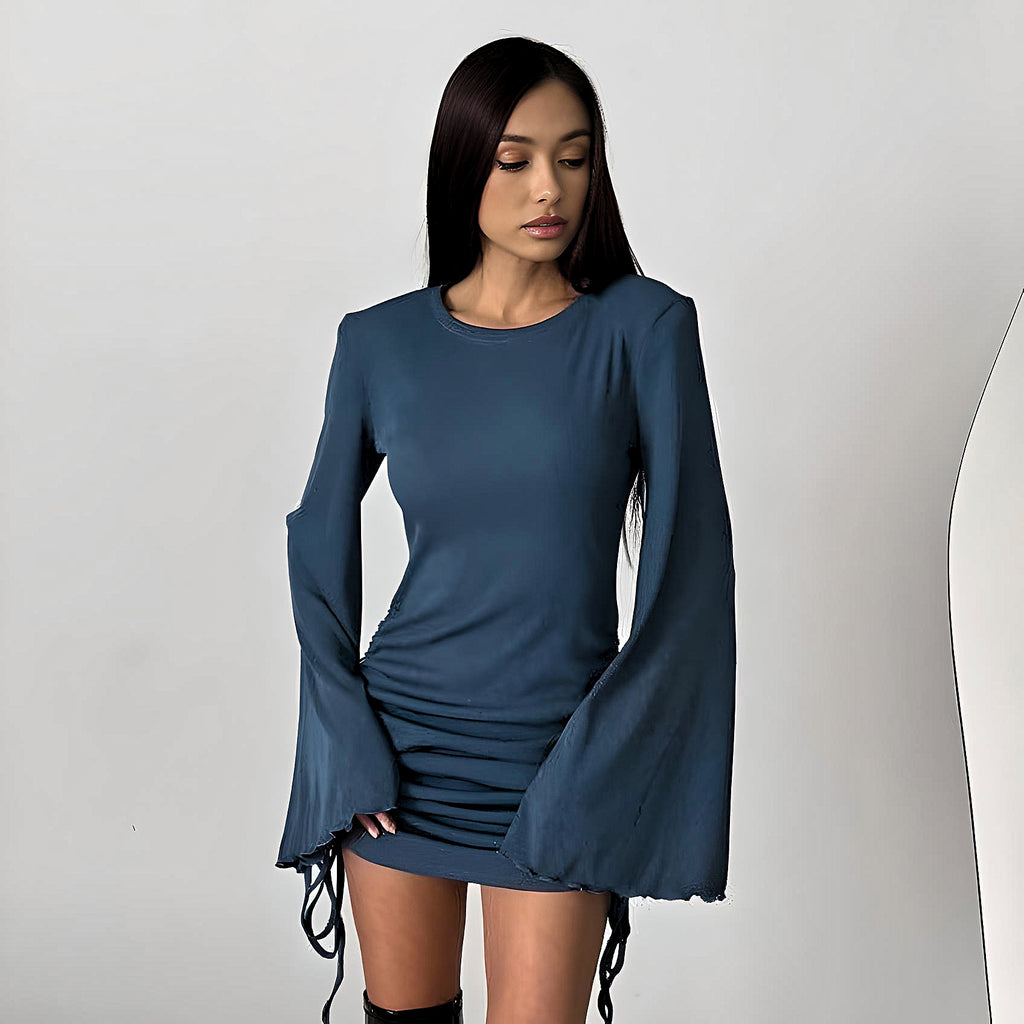 BLUE FLARED SLEEVE DRESS WITH SIDE RUCHING