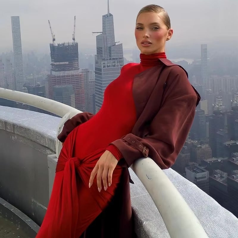 RED FORM-FITTING LONG SLEEVE DRESS