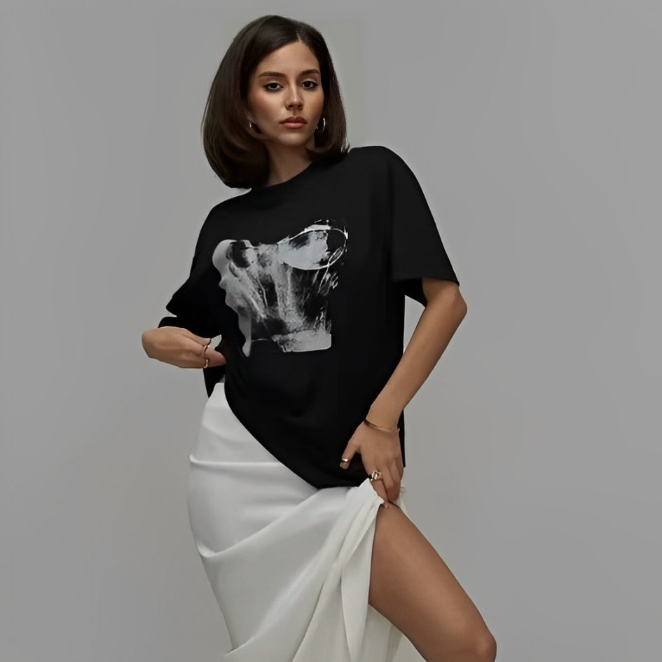 BLACK T-SHIRT WITH CORSET PRINT