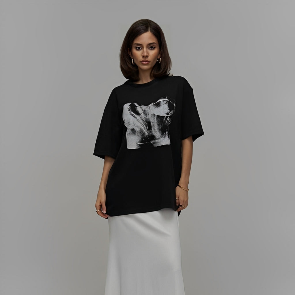 BLACK T-SHIRT WITH CORSET PRINT