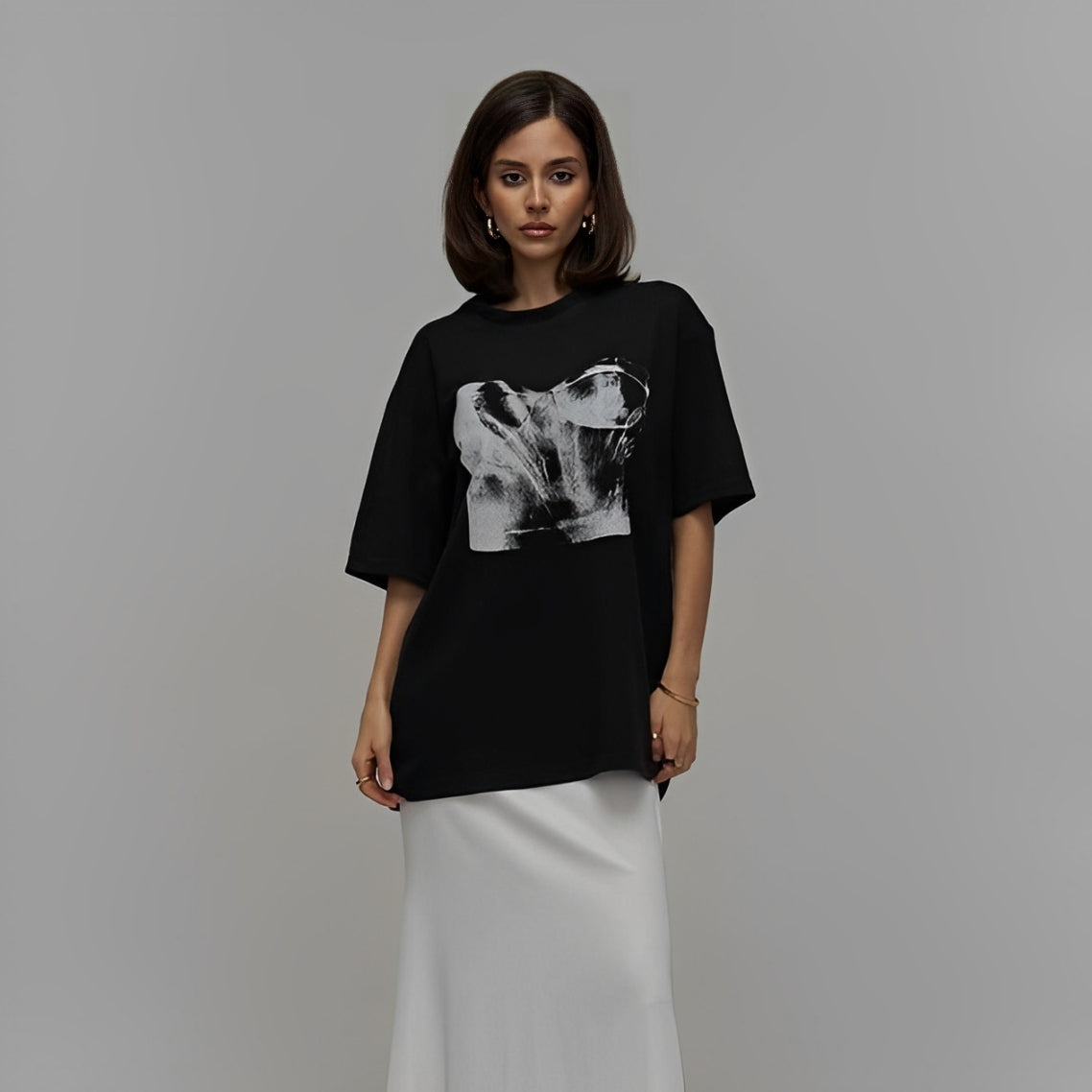 BLACK T-SHIRT WITH CORSET PRINT