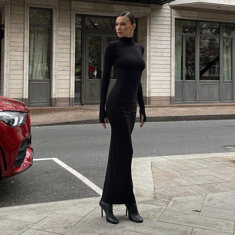 BLACK HIGH NECK PLEATED MIDI DRESS