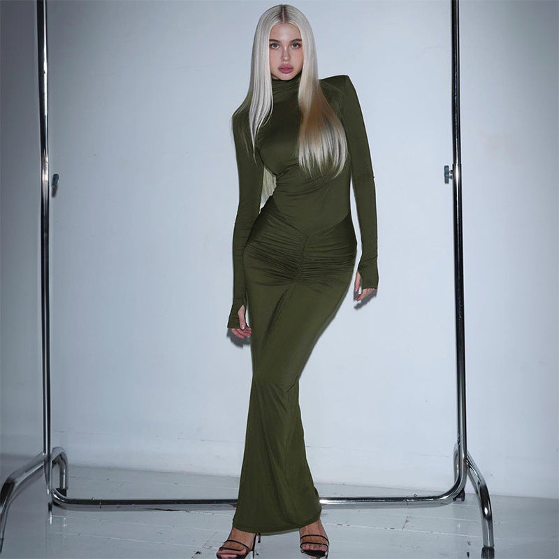 GREEN HIGH NECK PLEATED MIDI DRESS