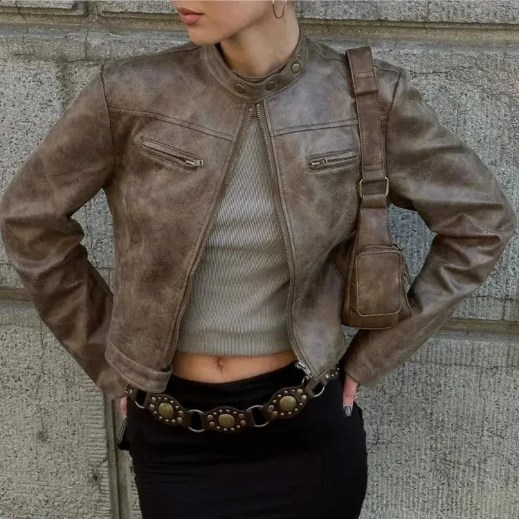DISTRESSED LEATHER BIKER JACKET