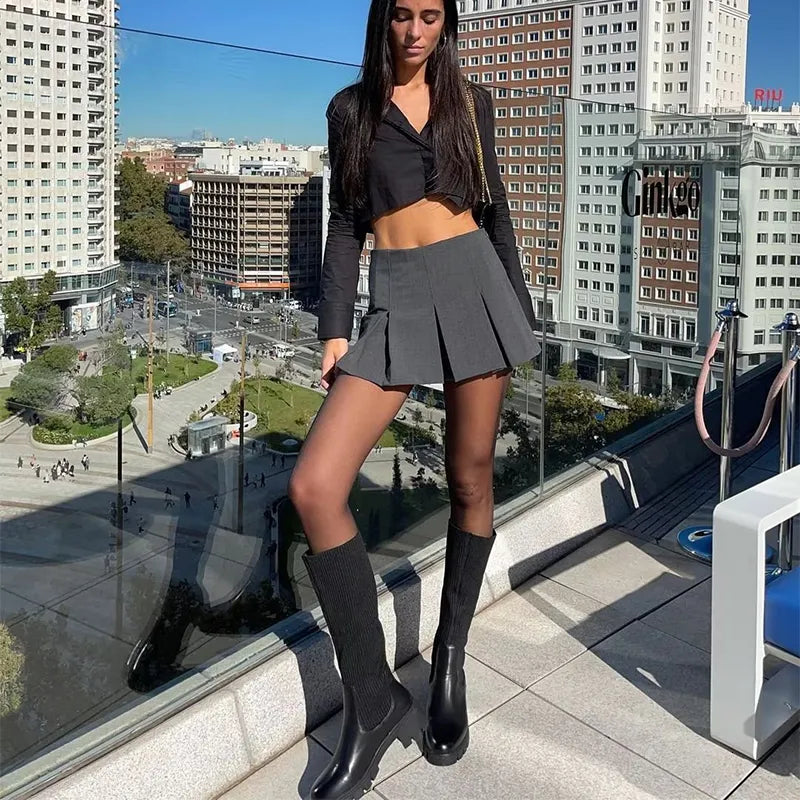GREY PLEATED HIGH WAIST SKIRT