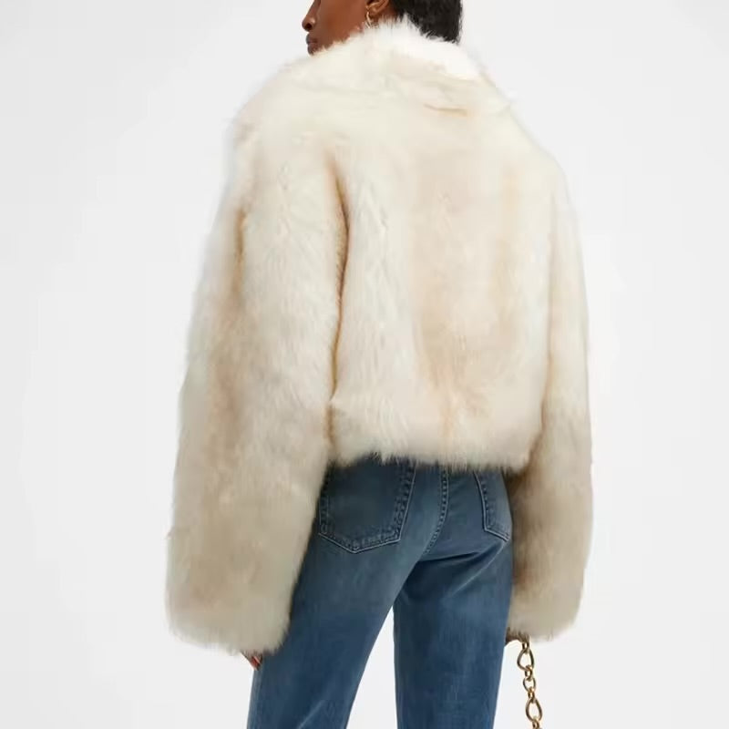 CREAM FAUX FUR CROPPED JACKET