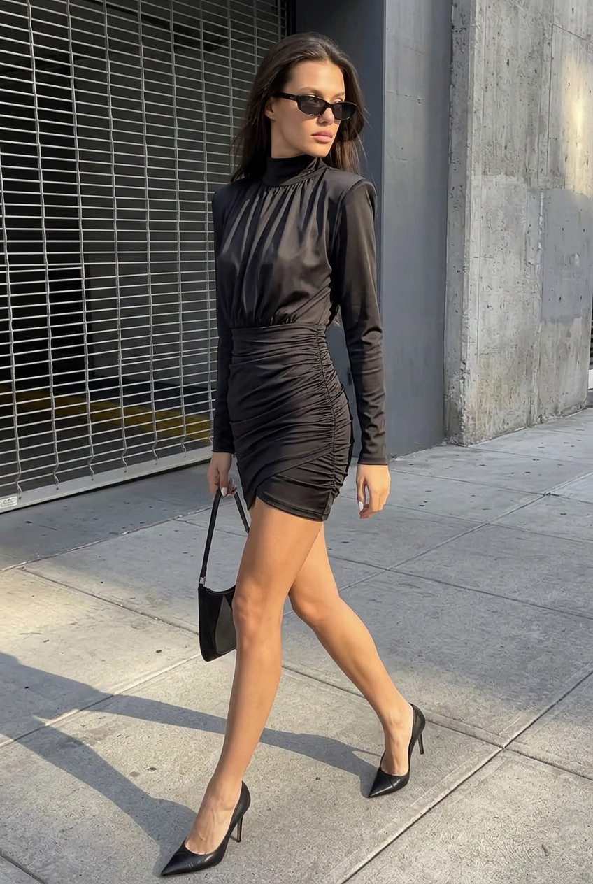 BLACK HIGH-NECK LONG SLEEVE MIDI DRESS