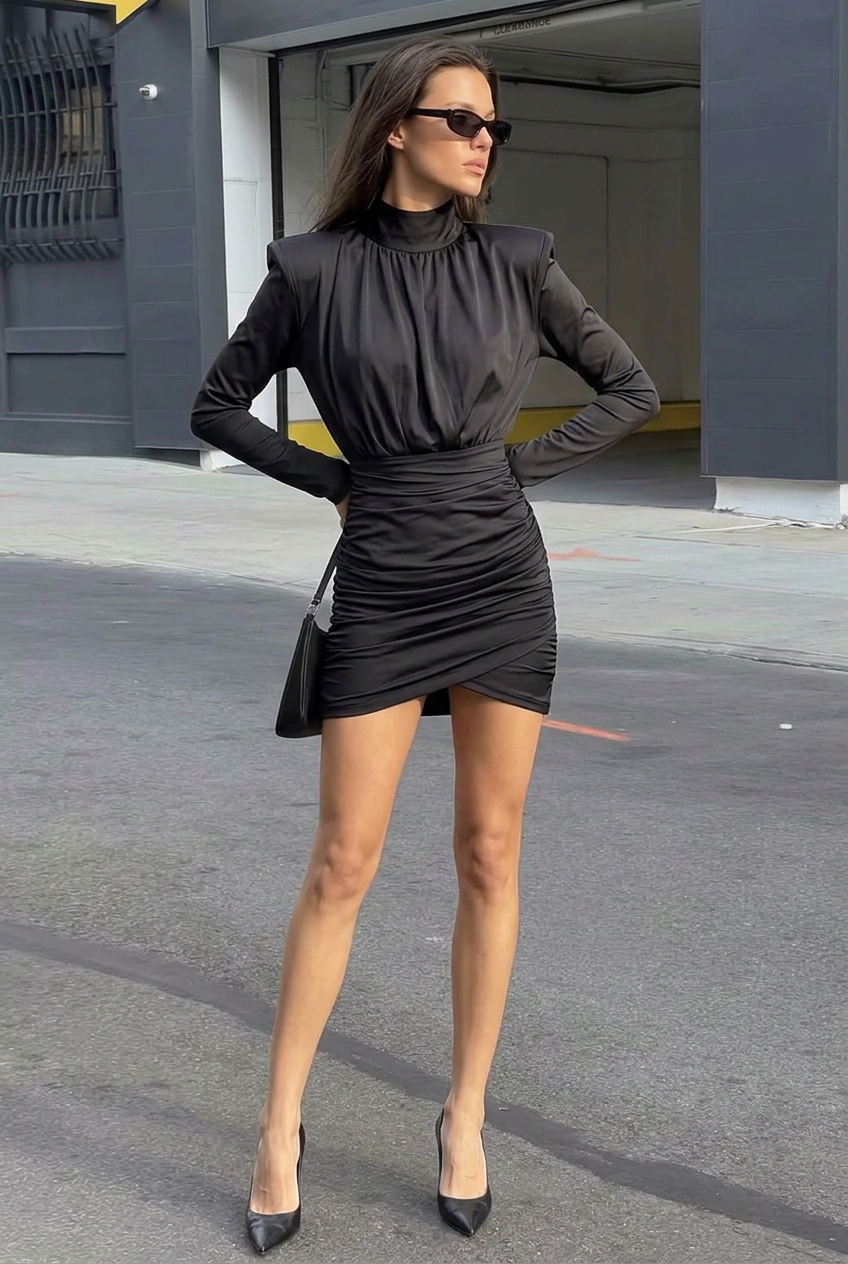BLACK HIGH-NECK LONG SLEEVE MIDI DRESS