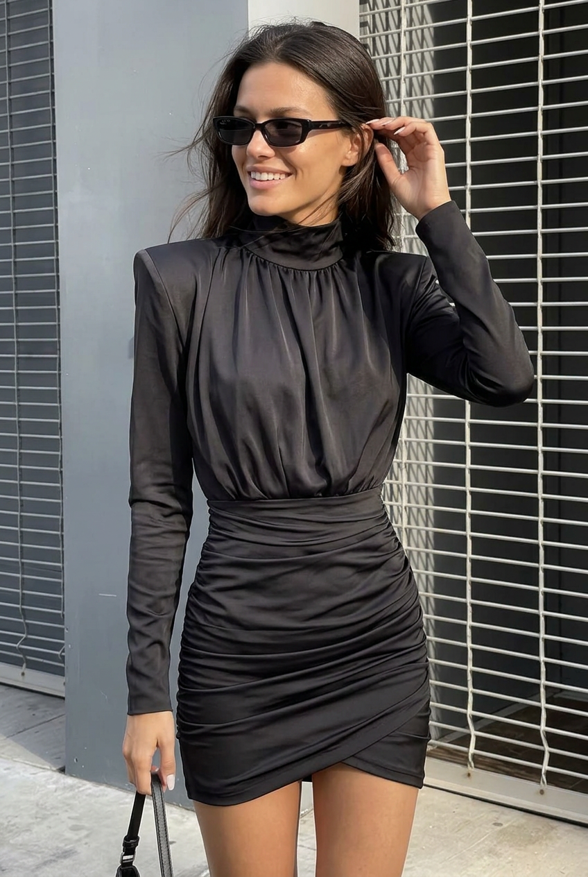 BLACK HIGH-NECK LONG SLEEVE MIDI DRESS