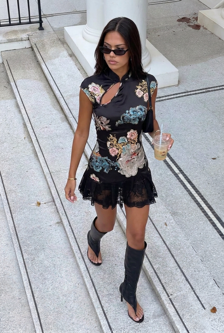 FLORAL PRINT MINI DRESS WITH LACE HEM