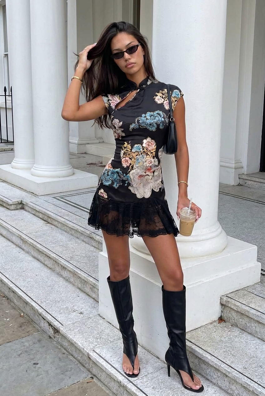 FLORAL PRINT MINI DRESS WITH LACE HEM