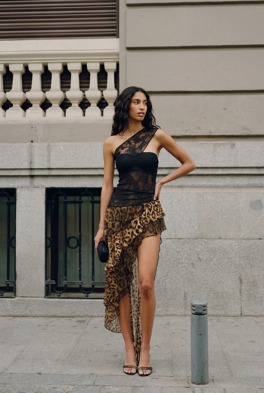 LEOPARD PRINT LACE DRESS WITH OPEN BACK
