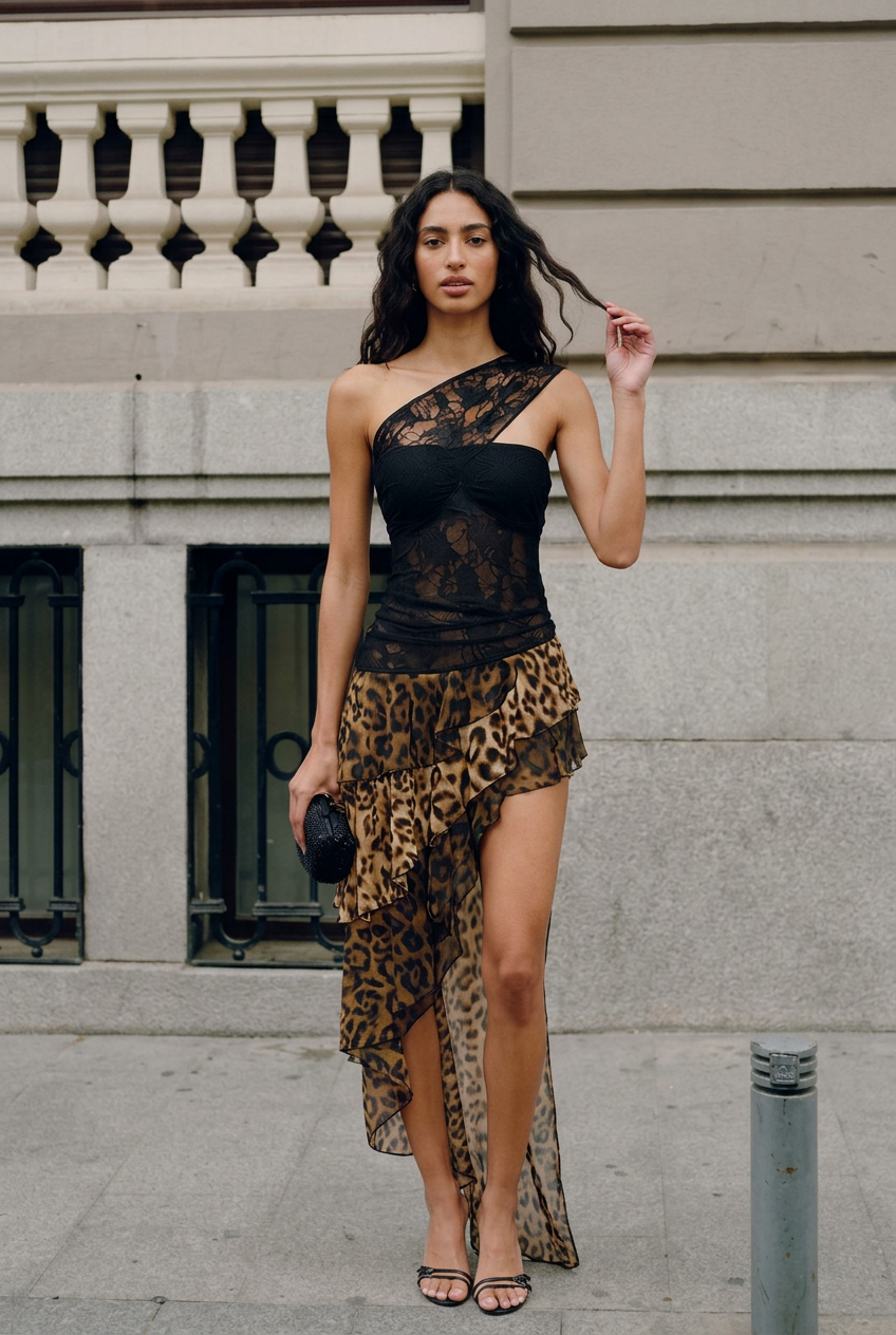 LEOPARD PRINT LACE DRESS WITH OPEN BACK