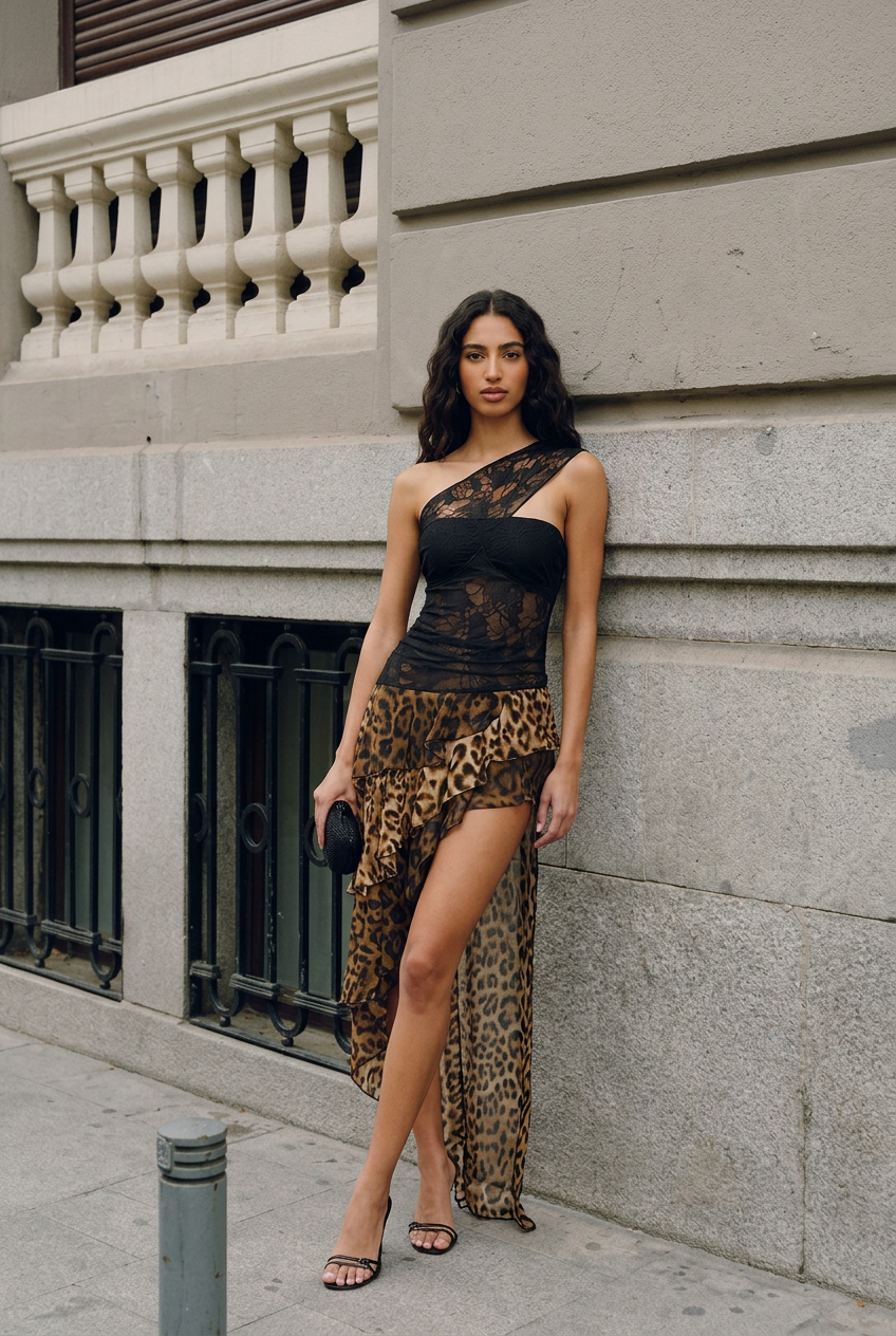 LEOPARD PRINT LACE DRESS WITH OPEN BACK
