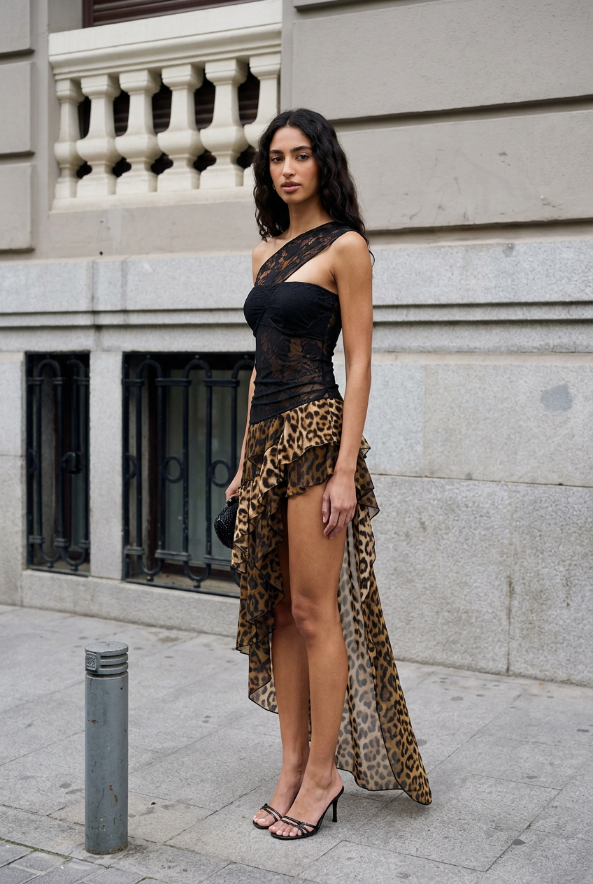 LEOPARD PRINT LACE DRESS WITH OPEN BACK