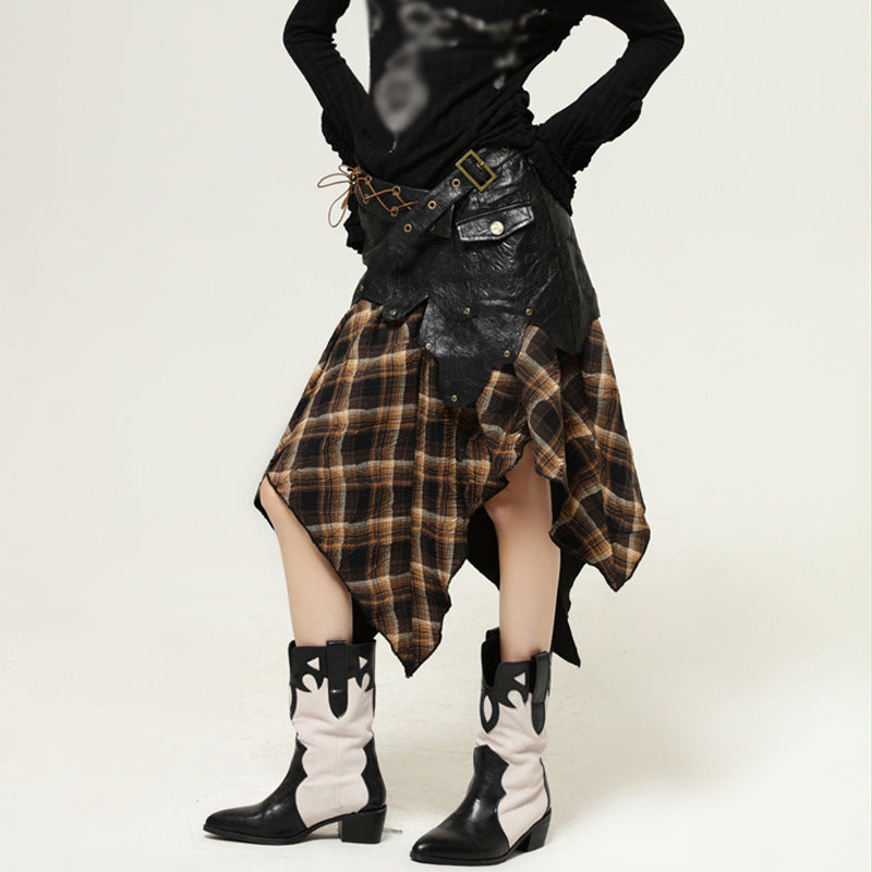 PLAID ASYMMETRIC PLEATED SKIRT
