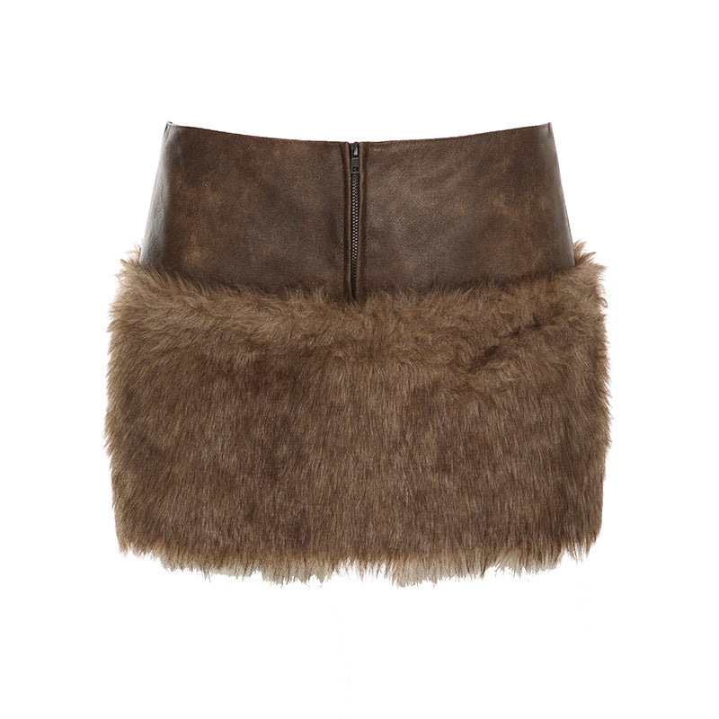 FAUX LEATHER AND FUR MINI SKIRT