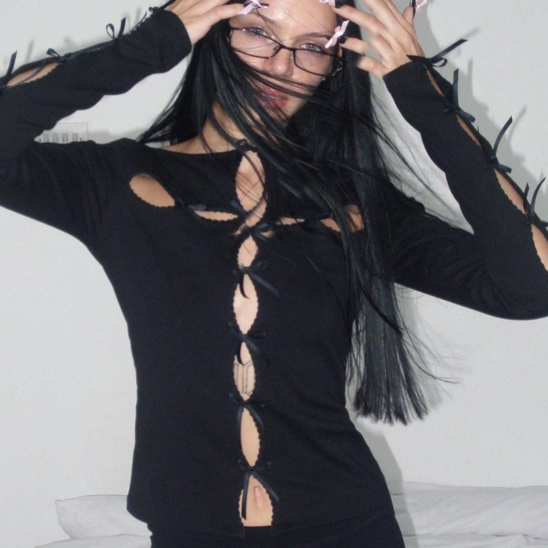 BLACK CUT-OUT CROSS TIE LONG-SLEEVE TOP