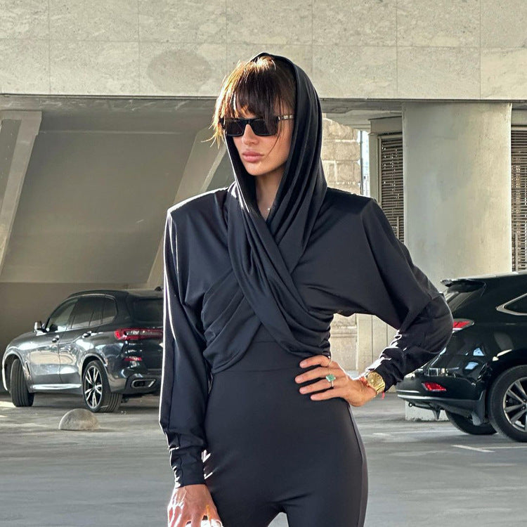 BLACK DRAPED HOODED TOP