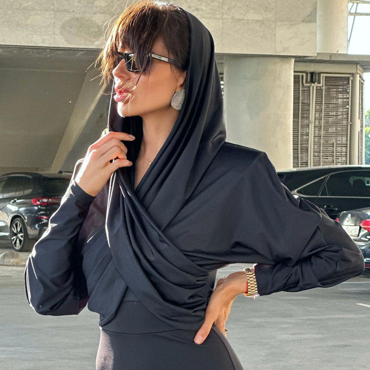BLACK DRAPED HOODED TOP