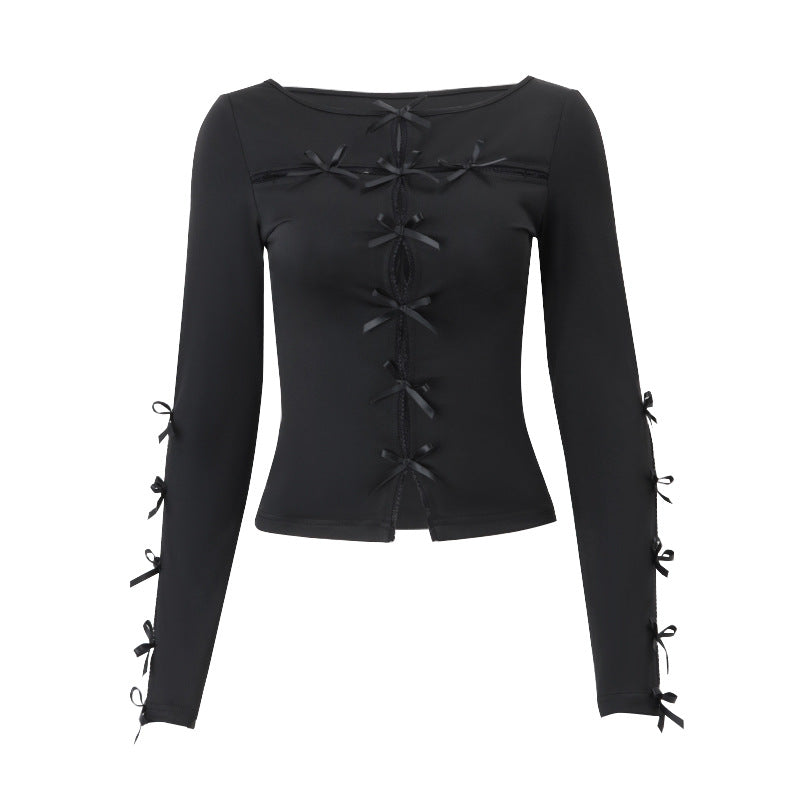 BLACK CUT-OUT CROSS TIE LONG-SLEEVE TOP