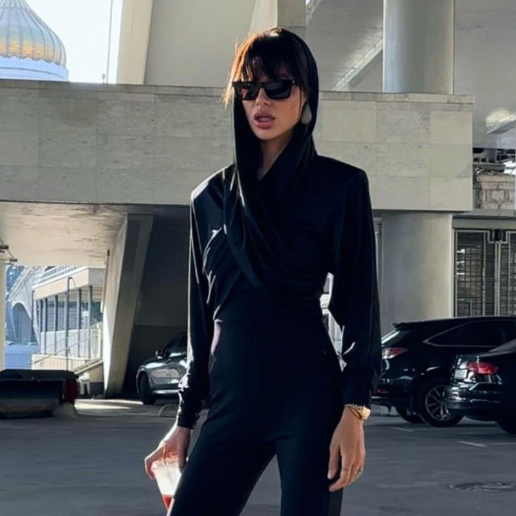 BLACK DRAPED HOODED TOP