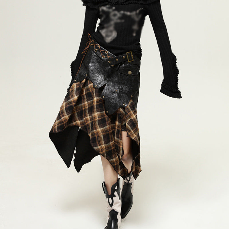 PLAID ASYMMETRIC PLEATED SKIRT