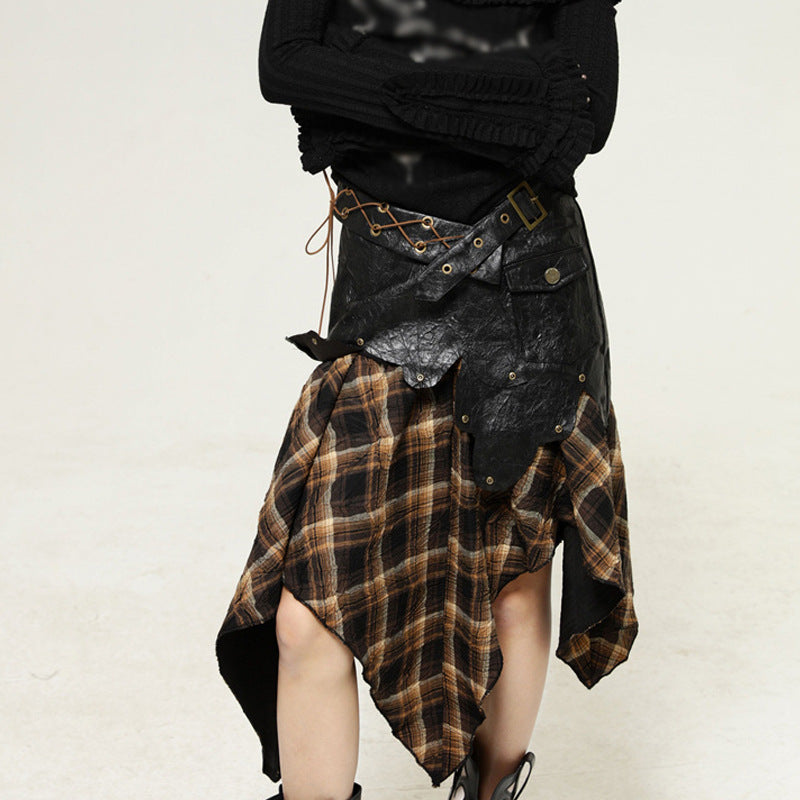 PLAID ASYMMETRIC PLEATED SKIRT