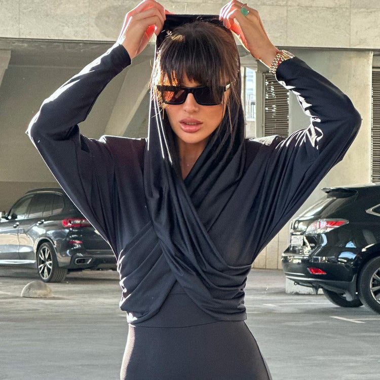 BLACK DRAPED HOODED TOP
