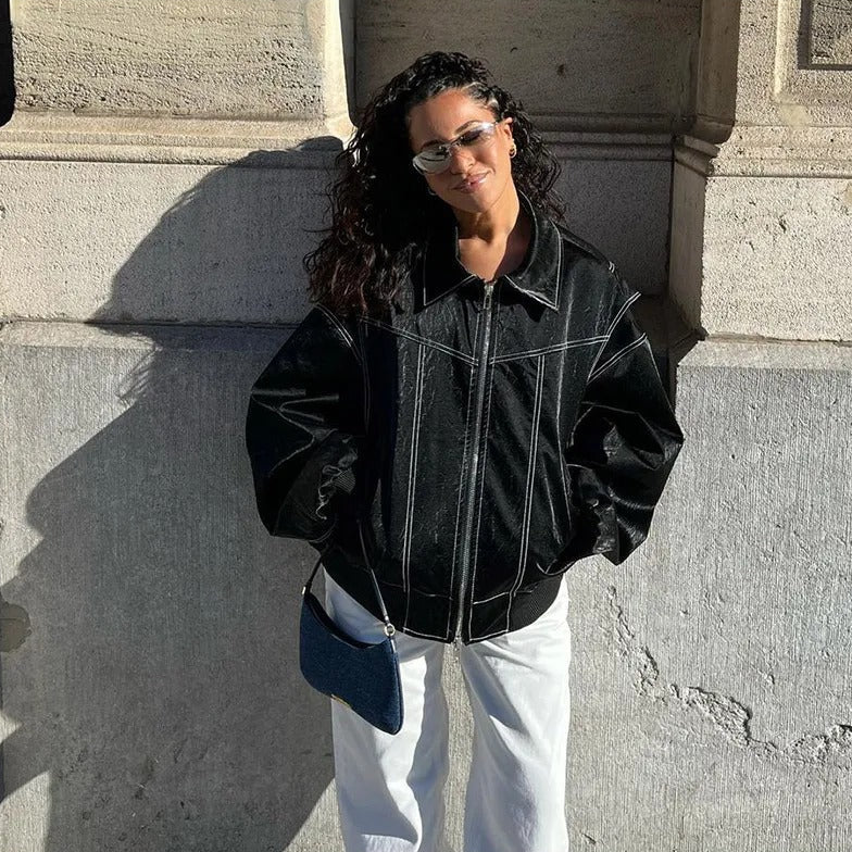 BLACK CONTRAST-STITCH FAUX LEATHER JACKET