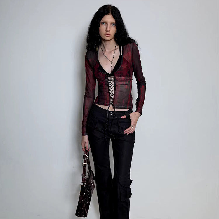 SHEER PRINTED LACE-UP TOP