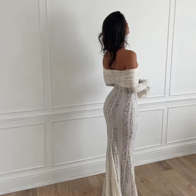 OFF WHITE OFF SHOULDER LACE MAXI DRESS