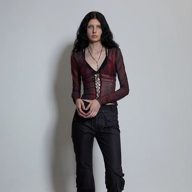 SHEER PRINTED LACE-UP TOP