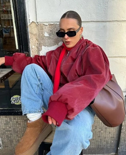 RED CONTRAST-STITCH FAUX LEATHER JACKET