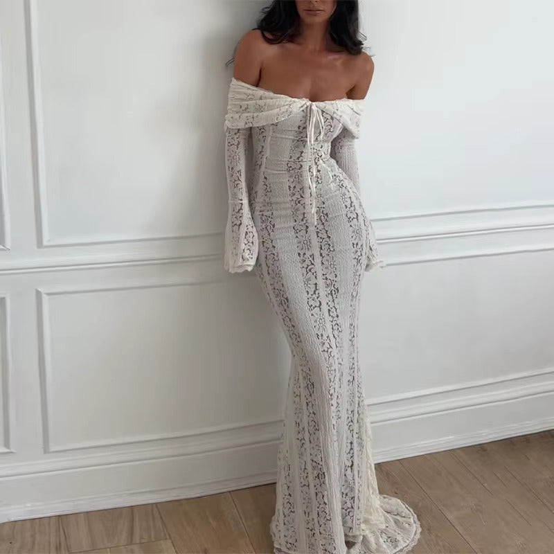 OFF WHITE OFF SHOULDER LACE MAXI DRESS