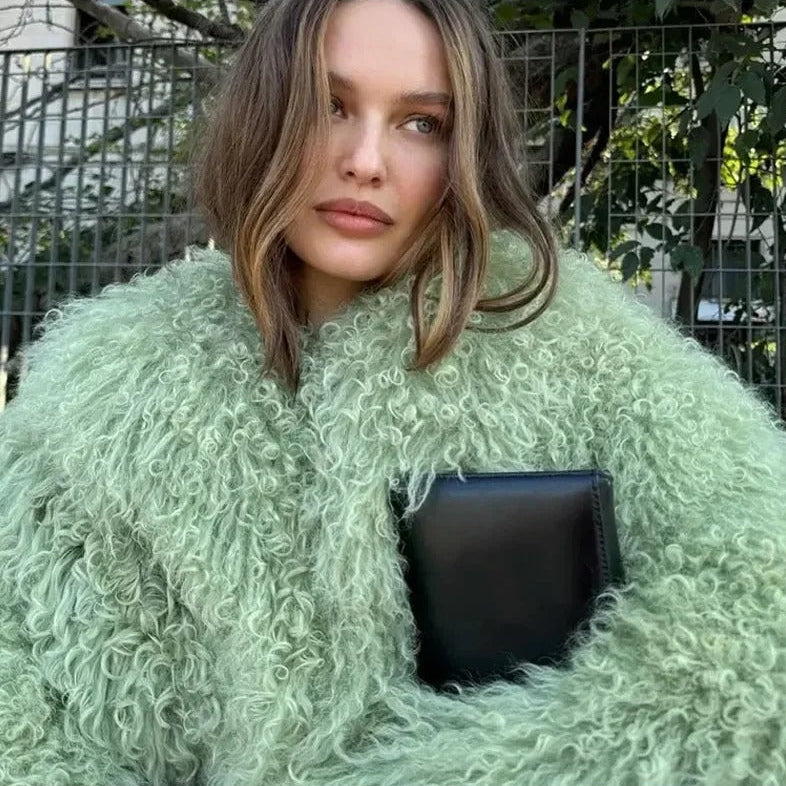 PASTEL GREEN FAUX SHEARLING OVERSIZED JACKET