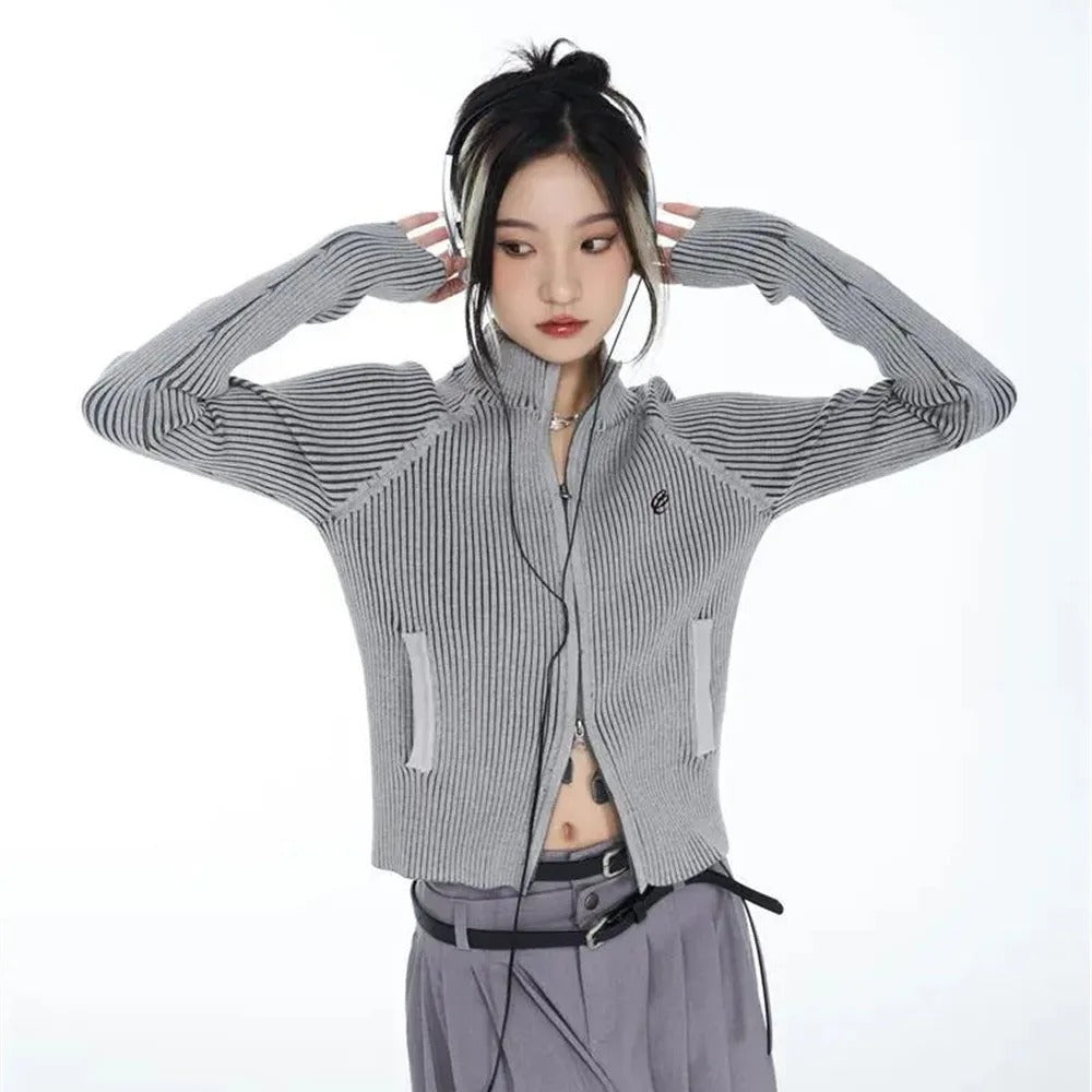 Y2K EMBROIDERED RIBBED ZIP-UP CARDIGAN