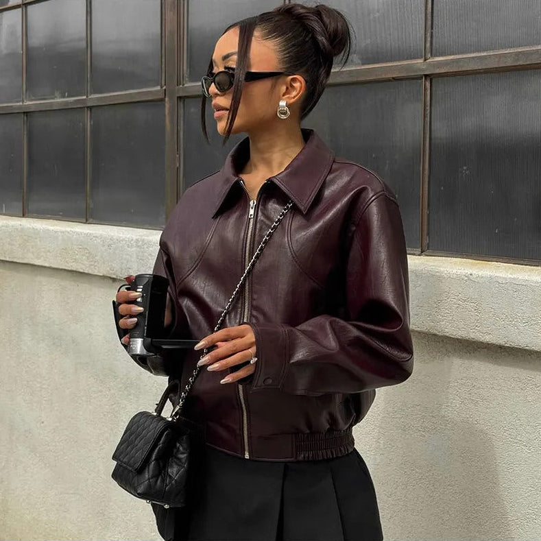 BURGUNDY LEATHER BOMBER JACKET