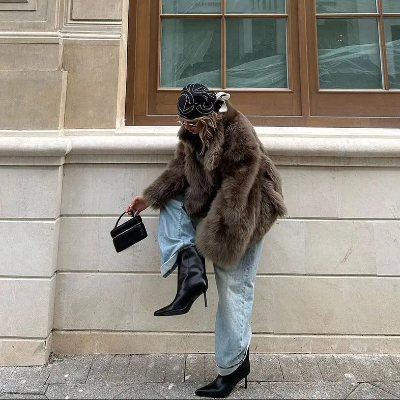 TAUPE BROWN OVERSIZED FAUX FUR COAT