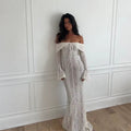 OFF WHITE OFF SHOULDER LACE MAXI DRESS