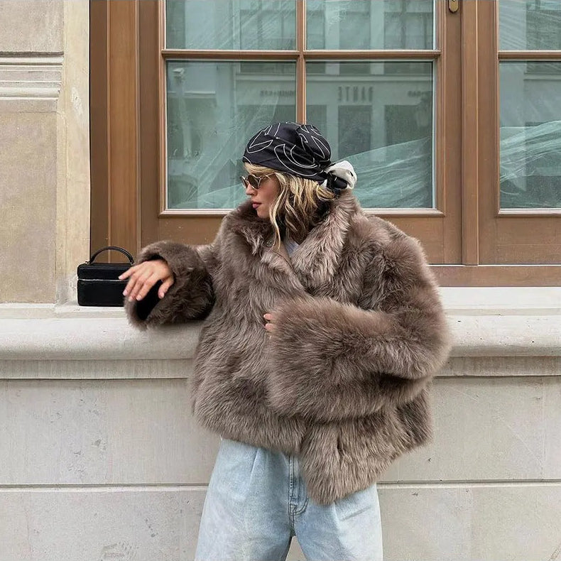 TAUPE BROWN OVERSIZED FAUX FUR COAT