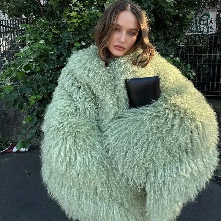 PASTEL GREEN FAUX SHEARLING OVERSIZED JACKET
